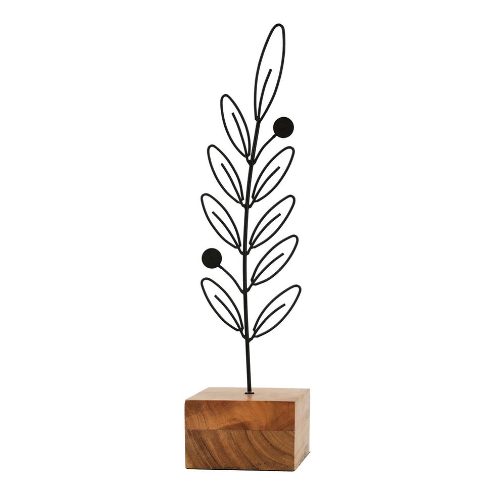 4" x 16.25" black wire sculpture of a leafy stem, freestanding in large wood block