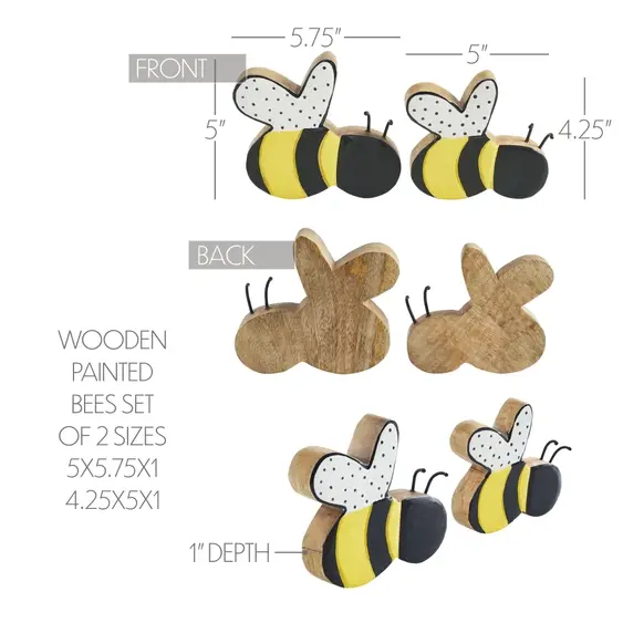 set of 2 wooden bee sitters, 5.75" & 4.25", painted yellow & black stripes, white wings with black dots, iron antennae