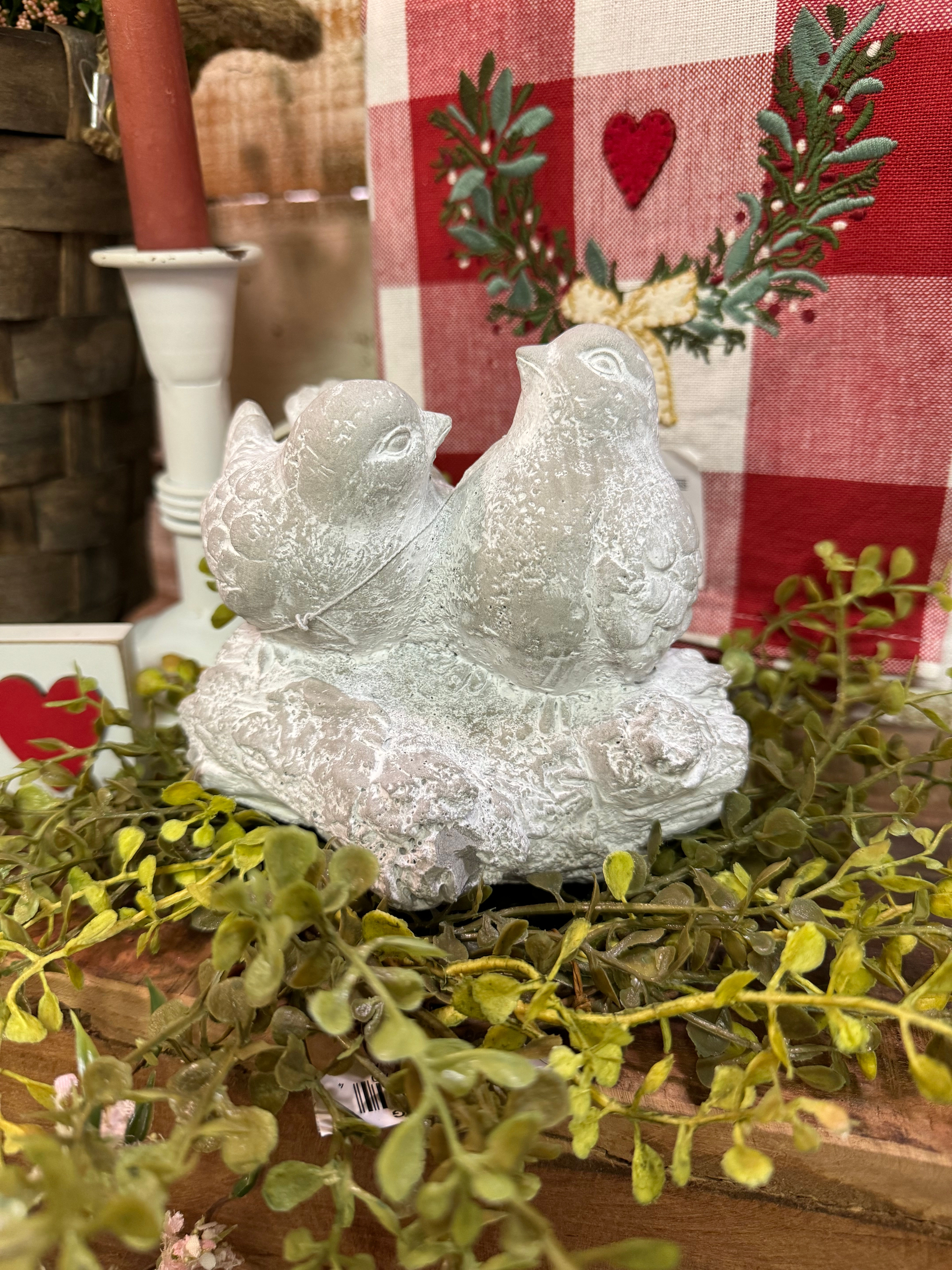 5.3” X 4.33” X 4.75“ gray concrete statue of two birds sitting on a rock