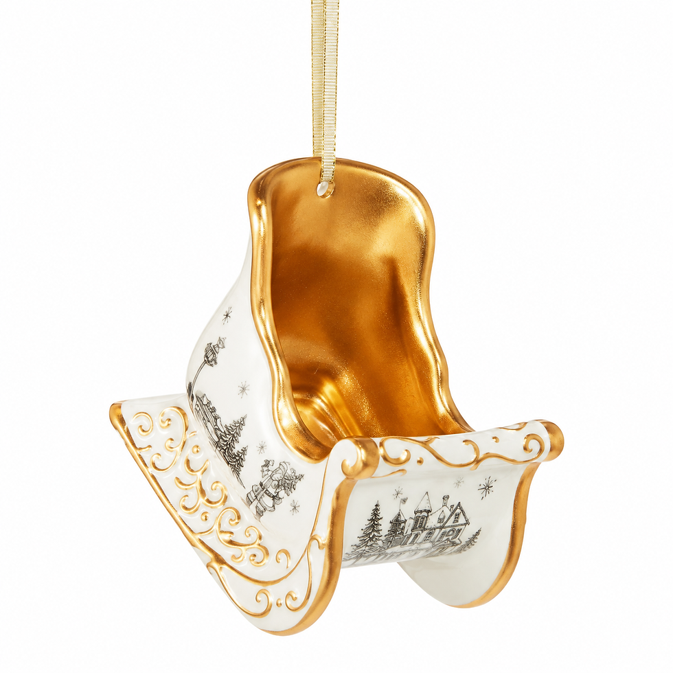 Sleigh Toile Christmas ornament by Patty Rybolt, made of dolomite and measuring 3.25 inches long by 2.75 inches wide and high