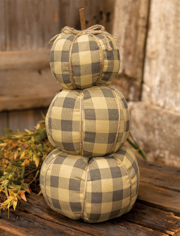 12.5β x 6β fabric stuffed pumpkin stack, 3 gray & cream checked fabric pumpkins, stick stem, jute bow