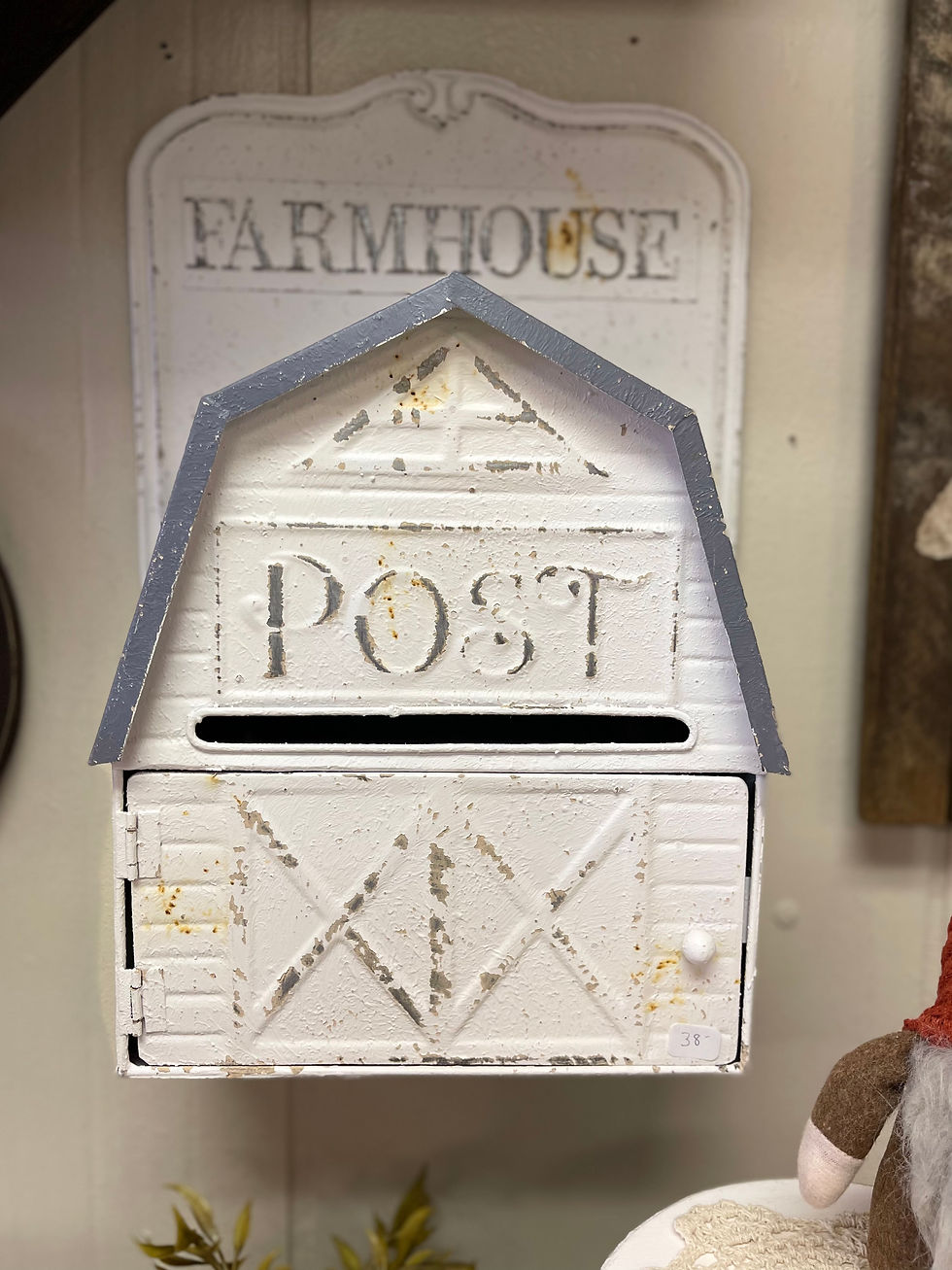 White metal barn post box with gray roof. Door open to access mail or you can use for decor. Hangs or sits. 15.5" tall x 10.5