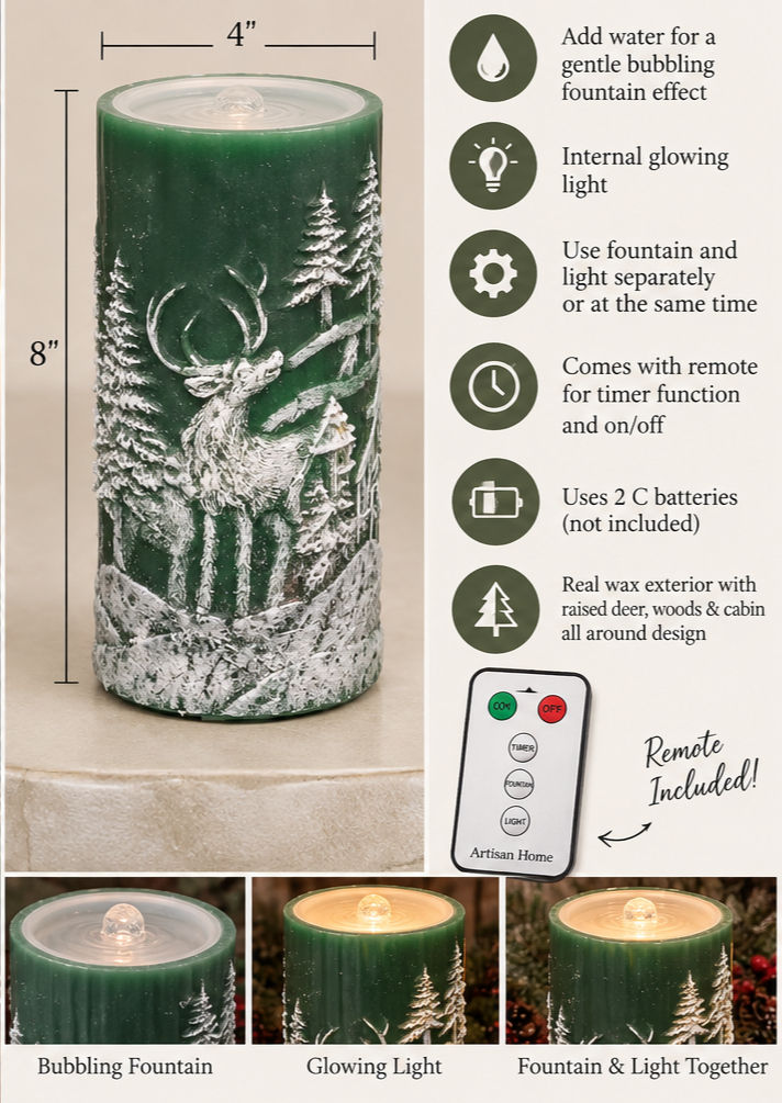 Green woodland fountain candle with raised deer and trees glowing among Christmas greenery and red berries