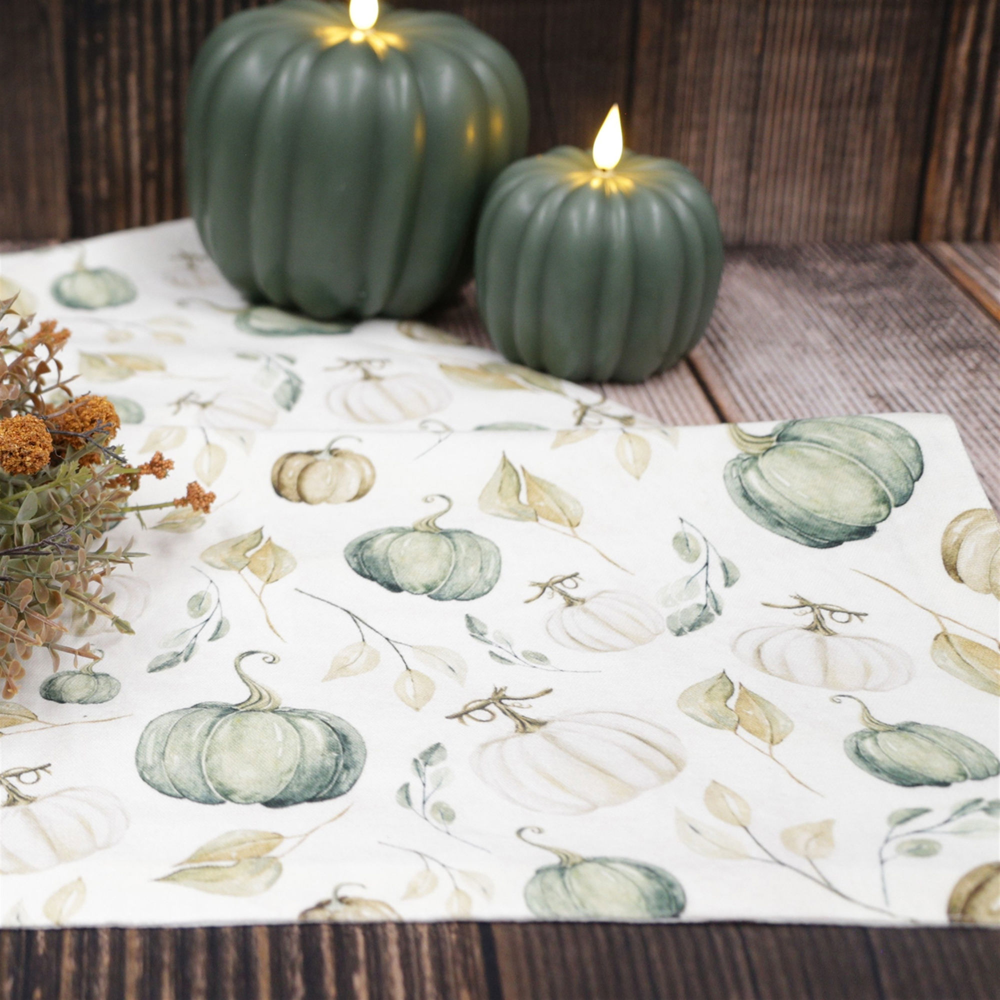 56" x 15" table runner, creamy white background, all over pumpkin and foliage print in soft greens, creams & browns