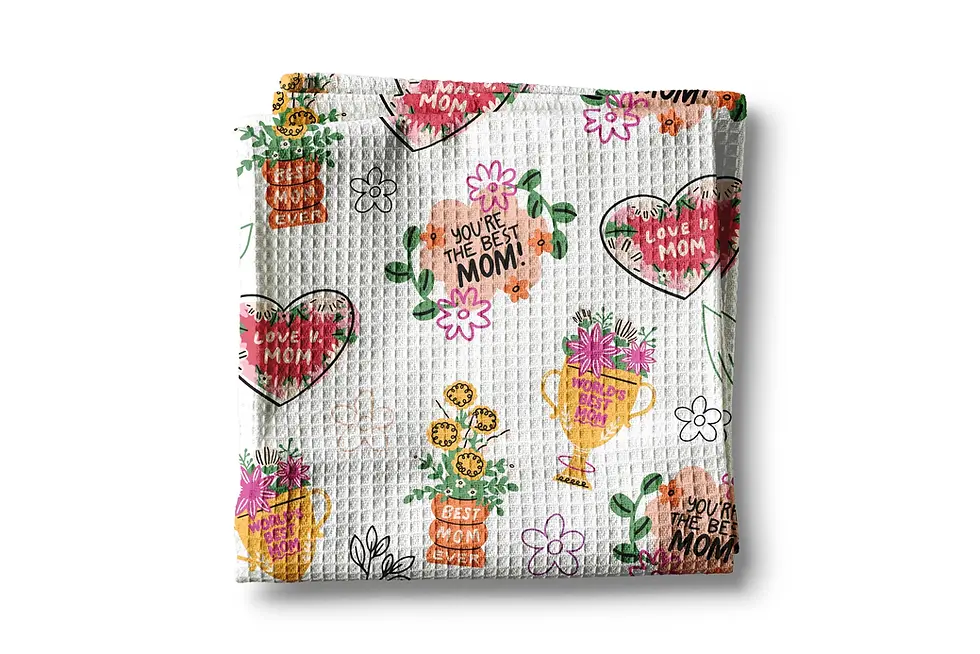 16”x 24” waffle weave kitchen towel, highly absorbent, 80% polyester & 20% polyamide, printed w/ Mother's Day images