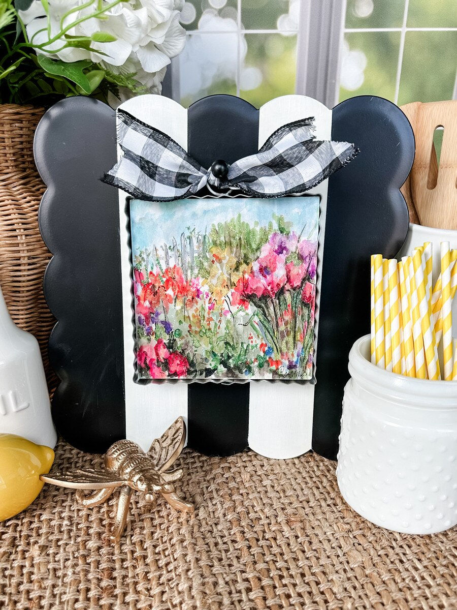 6" x 1" x 7" Round Top Collection print of a field full of flowers, corrugated metal frame, use alone or w/ Round Top base