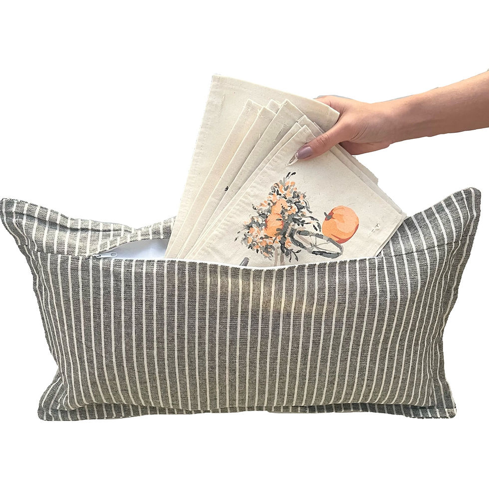 Back view of zipper on Gray pinstripe pillow with buttons to attach your interchangeable pillow panels