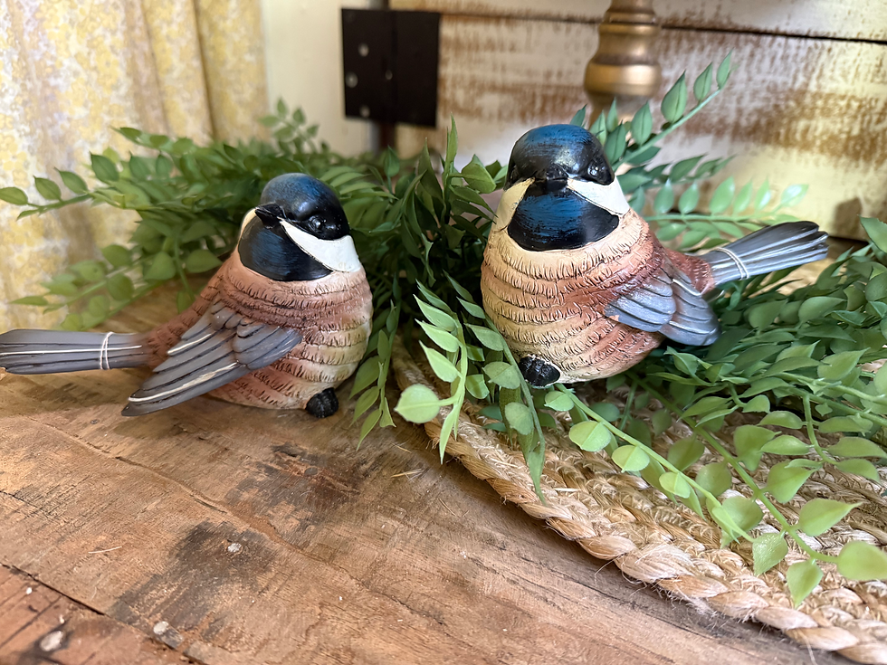 3.5" x 6" resin bird, looks like a chickadee, brown with black, white, gray & blue accents, tabletop decor