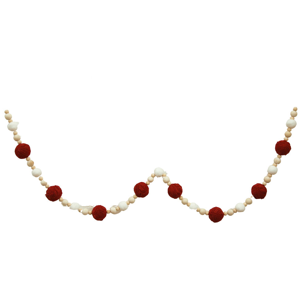 50" Red, White, & Natural Beaded Garland Has 2” diameter red sweater balls & 1” white pom poms