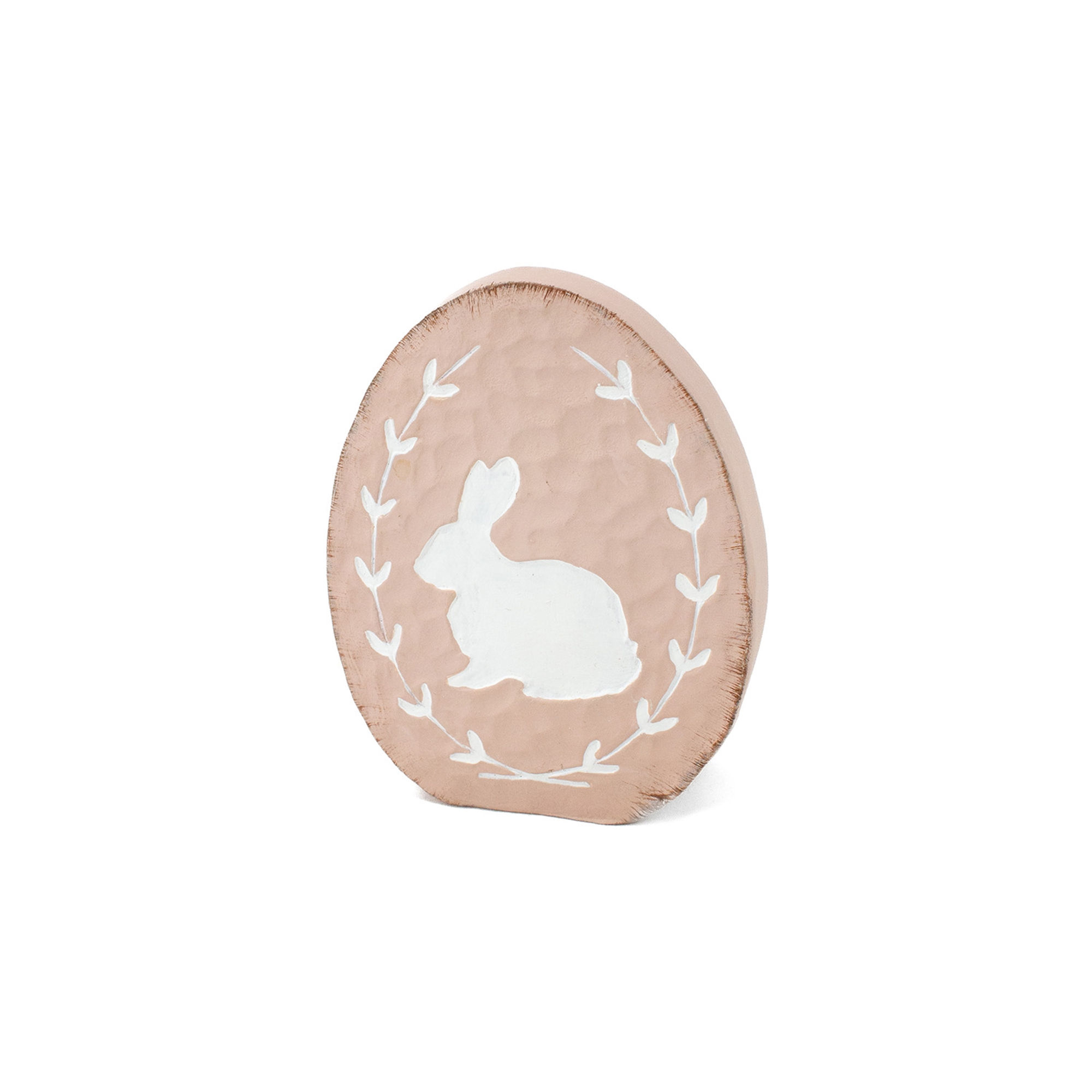3.5” x 1” x 4.5” resin flat egg shaped figurine, mauve pink, carved out sitting white rabbit surrounded with laurel wreath
