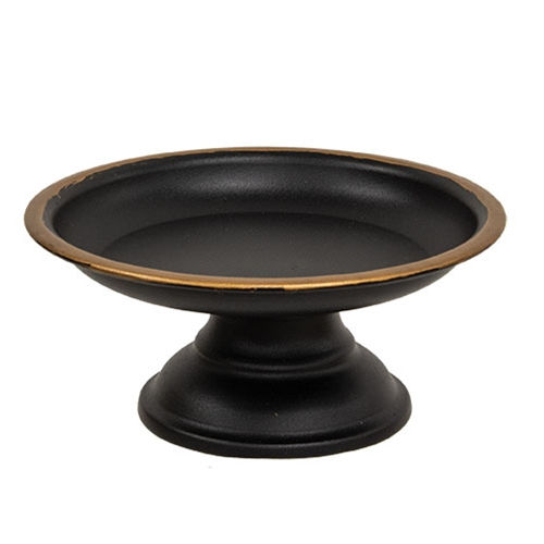 black metal pedestal candle holder with gold rim, 3” high by 6.5” in diameter and holds candles up to 4.5” in diameter