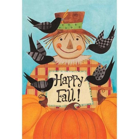 13” x 18” nylon garden flag, printed with a scarecrow holding a sign that says “happy Fall”