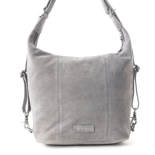 Thumbnail: 16.5" x 13" hobo bag, 12" handle, luxurious smoke gray suede leather, transitions from shoulder bag to backpack, Myra bag