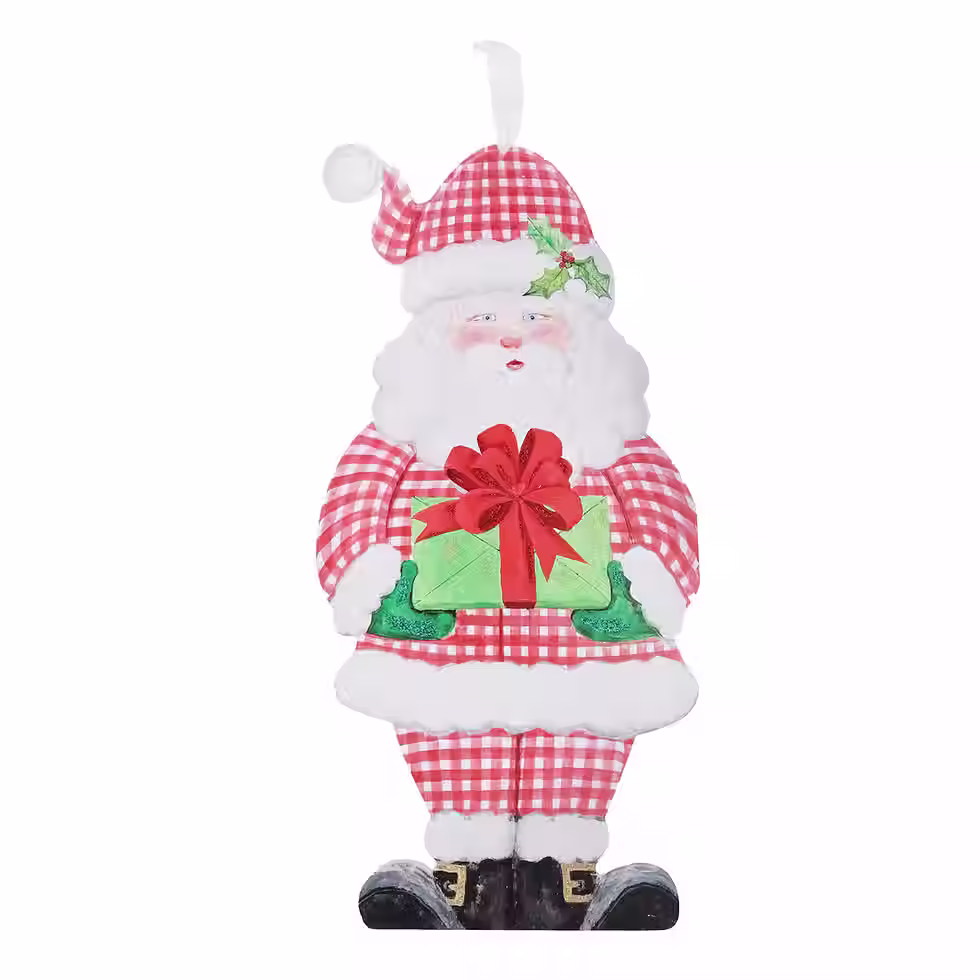 11" X 22" PVC cutout Santa Claus holding a present door hanger from Round Top Collection