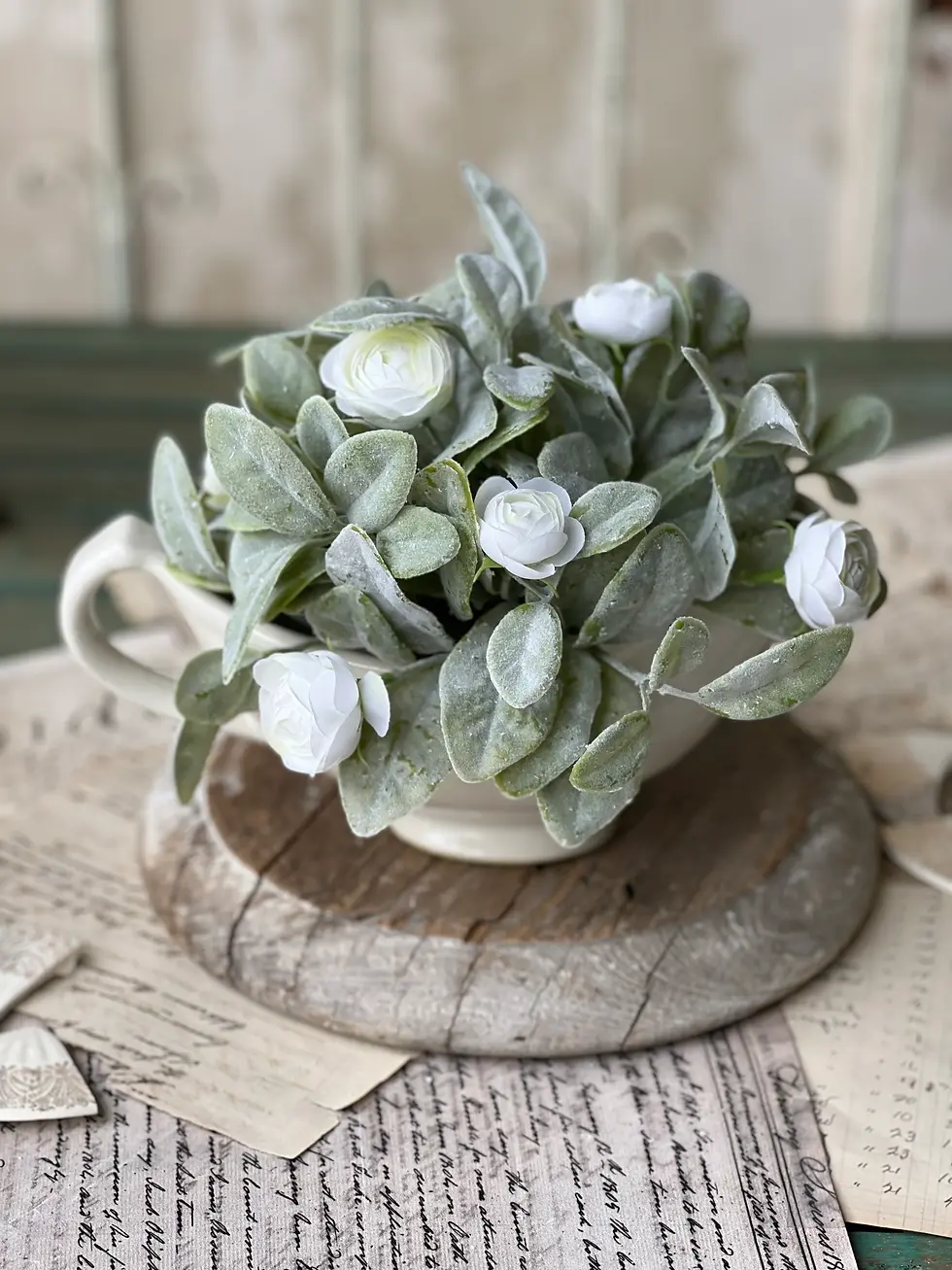11” half sphere dense soft green flocked leaves and cream camellia florets