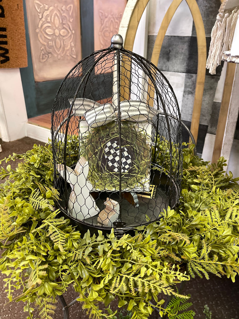 Thumbnail: Black metal hinged chicken wire dome lantern. 10"x13"