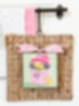 Round Top Collection print of a pink gingham hat box full of purple flowers and 2 yellow chicks 6”x7”x1”