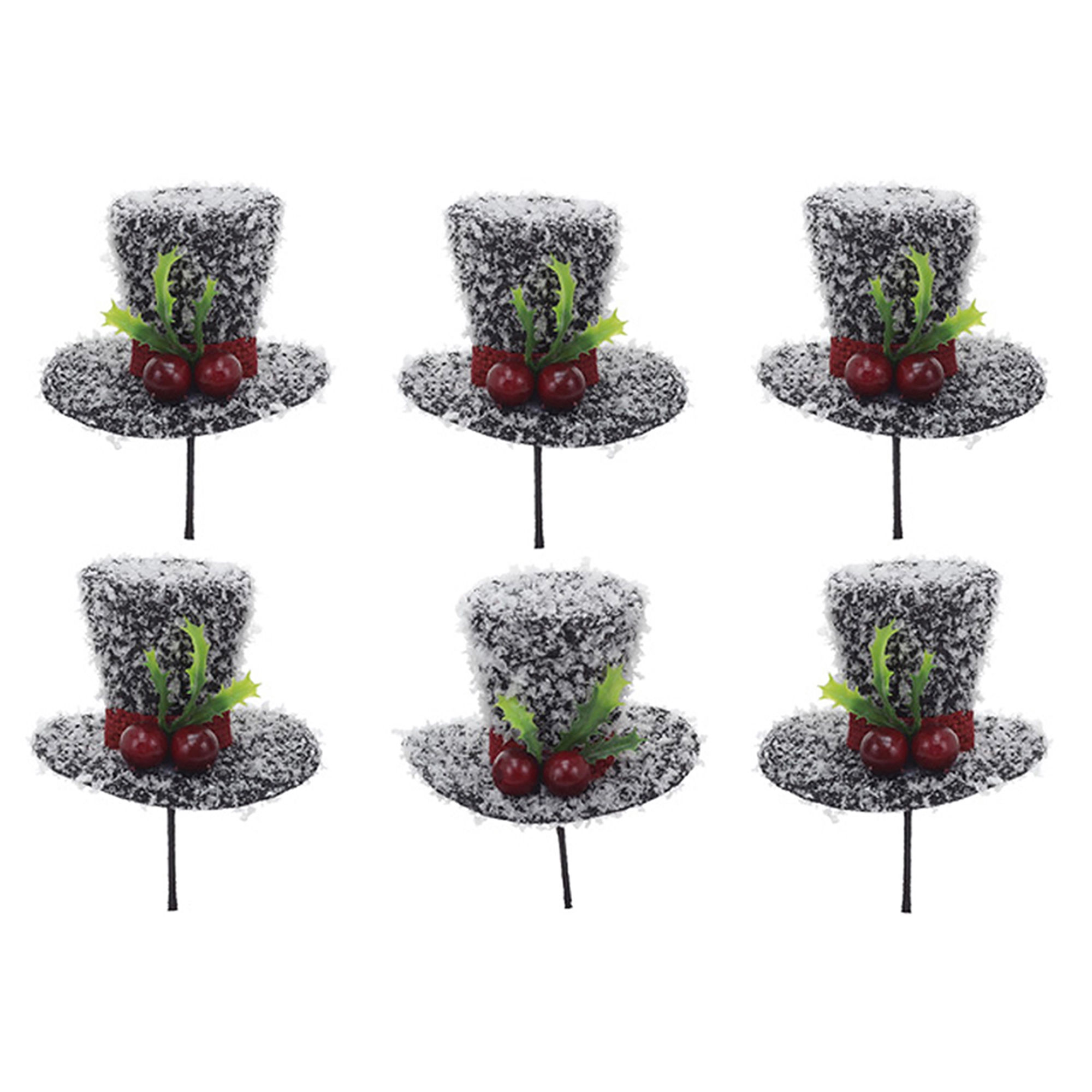 2" x 3", set of 6 black felt top hats with snow, winter greens on red hat bands, pick for adding to trees or arrangements