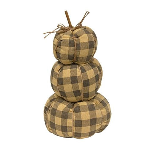 12.5β x 6β fabric stuffed pumpkin stack, 3 gray & cream checked fabric pumpkins, stick stem, jute bow