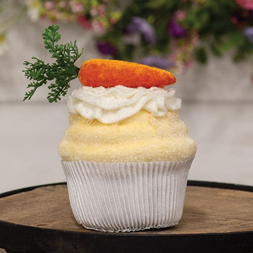 4.5" x 3.5" fabric cupcake with creamy butter frosting, fabric carrot with green foliage on top of faux whipped cream