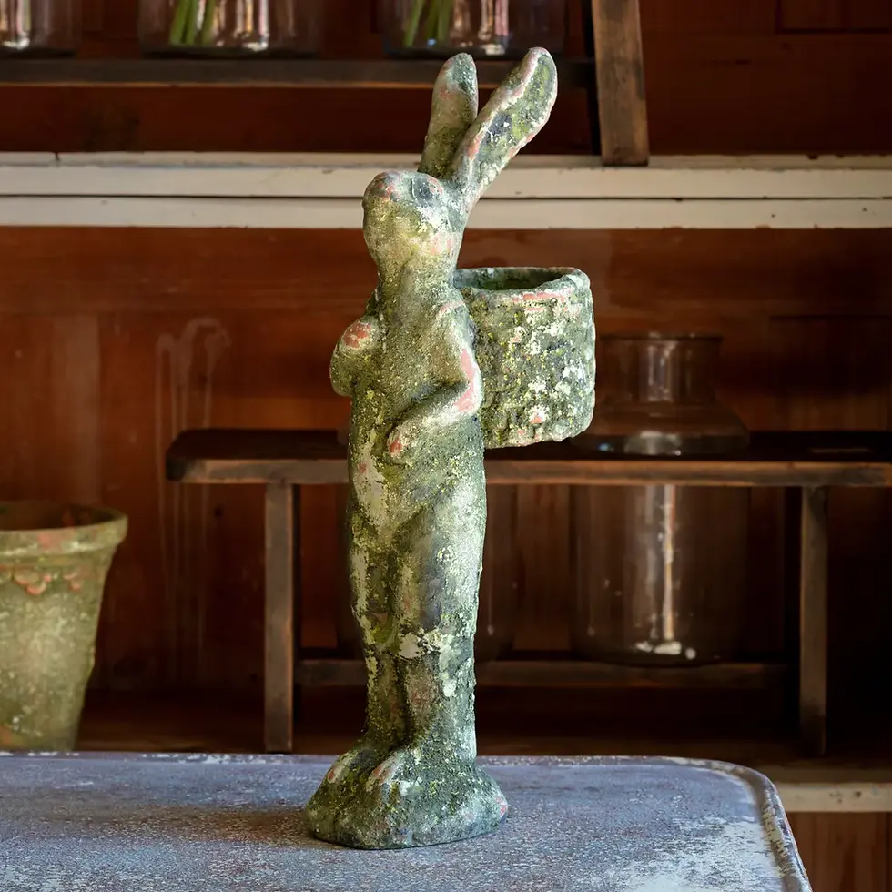 8" x 5" x 19" terracotta standing bunny rabbit with basket on back statue, aged cement finish with mossy accents