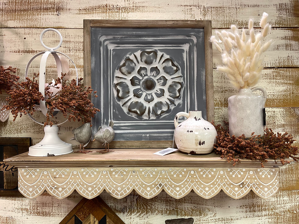 30" long x 7.25" deep x 4.33" tall Natural wood shelf with scallops on the bottom edge & white inlay carved designs