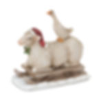 5.5" x 5.5" resin figurine of a sheep wearing a Santa hat with a goose on his back, sheep is riding on a sled