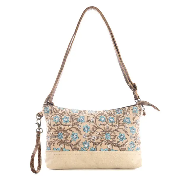 10.5" x 6" crossbody, 22" shoulder drop adjustable strap, canvas & leather, removable wristlet strap, blue, brown & tan, Myra