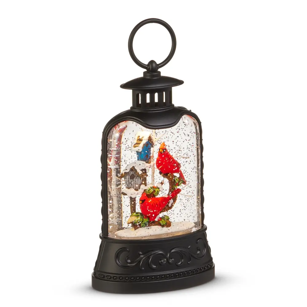 8-inch cardinal and birdhouse lighted water lantern with swirling glitter