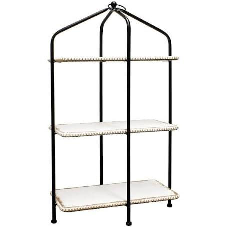 20” X 12” X 33.5” Black metal frame with 3 white wooden shelves edged in wood beads