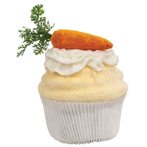Thumbnail: 4.5" x 3.5" fabric cupcake with creamy butter frosting, fabric carrot with green foliage on top of faux whipped cream