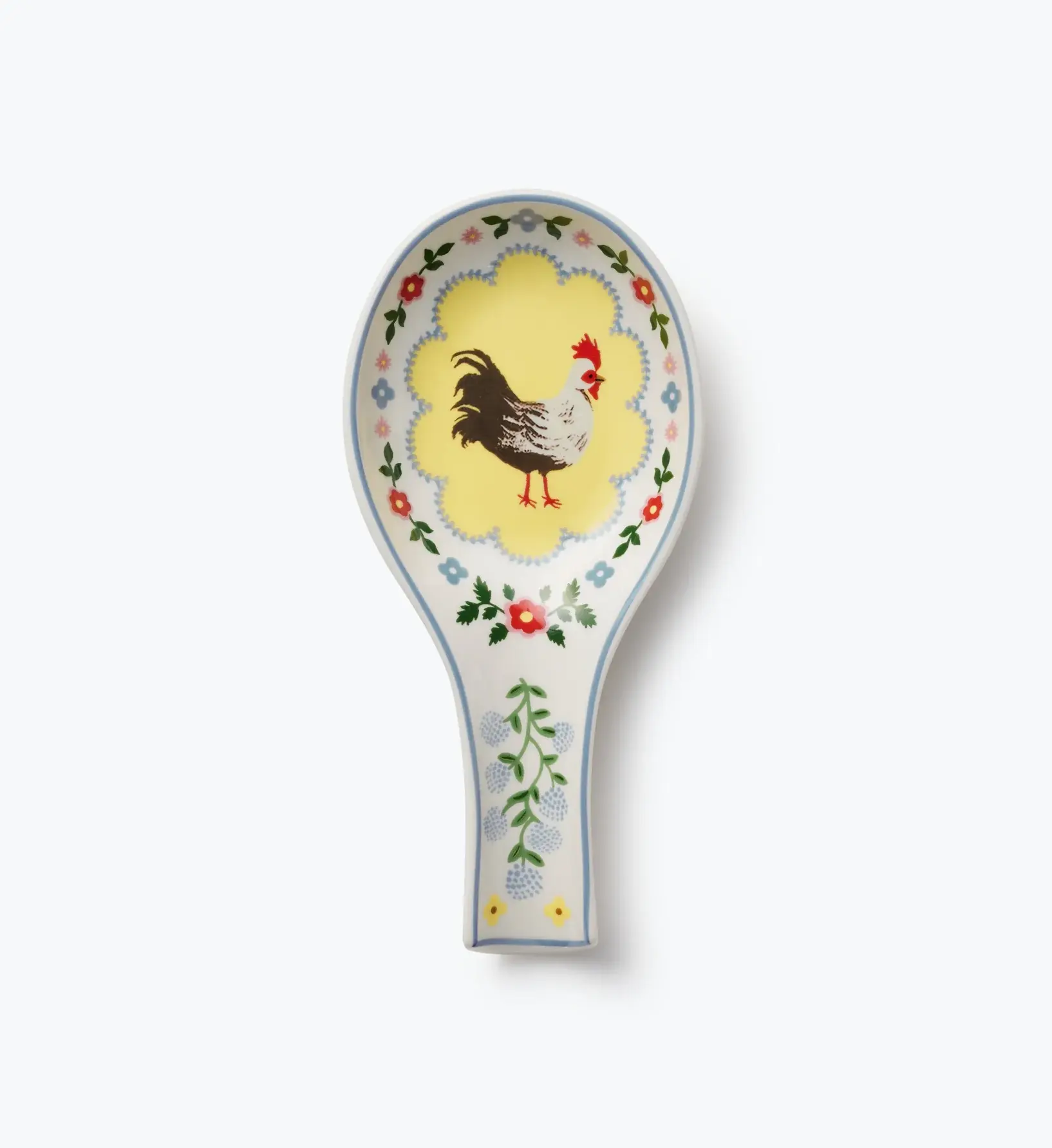 4" W × 8" L × 1" H Rifle Paper Co porcelain spoon rest, Home Sweet Home full color illustrations, rooster motif