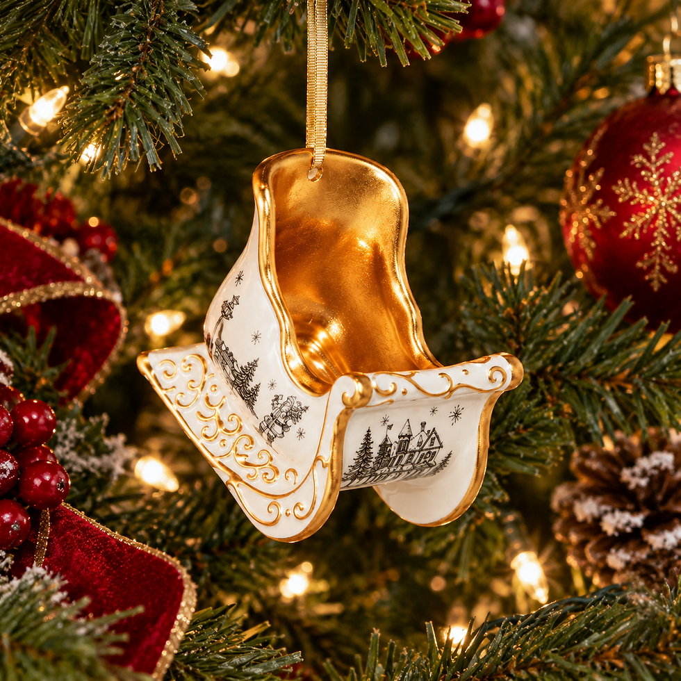 Sleigh Toile Christmas ornament by Patty Rybolt, made of dolomite and measuring 3.25 inches long by 2.75 inches wide and high