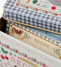 Thumbnail: 4.25" W × 6.5" L × 5" H metal recipe tin box, 24 Home Sweet Home recipe cards 12 dividers, holds approximately 200 recipe car