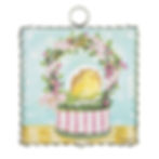 Round Top Collection charm printed with an Easter basket holding a chick in an egg