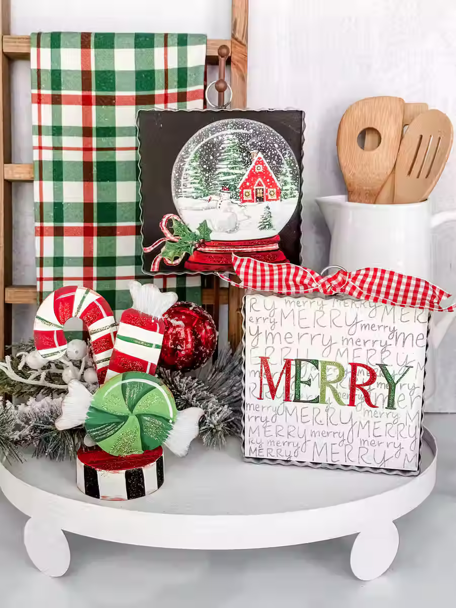 6" x 7" x 1" Round Top Collection print of a snow globe with a winter scene inside, corrugated metal frame