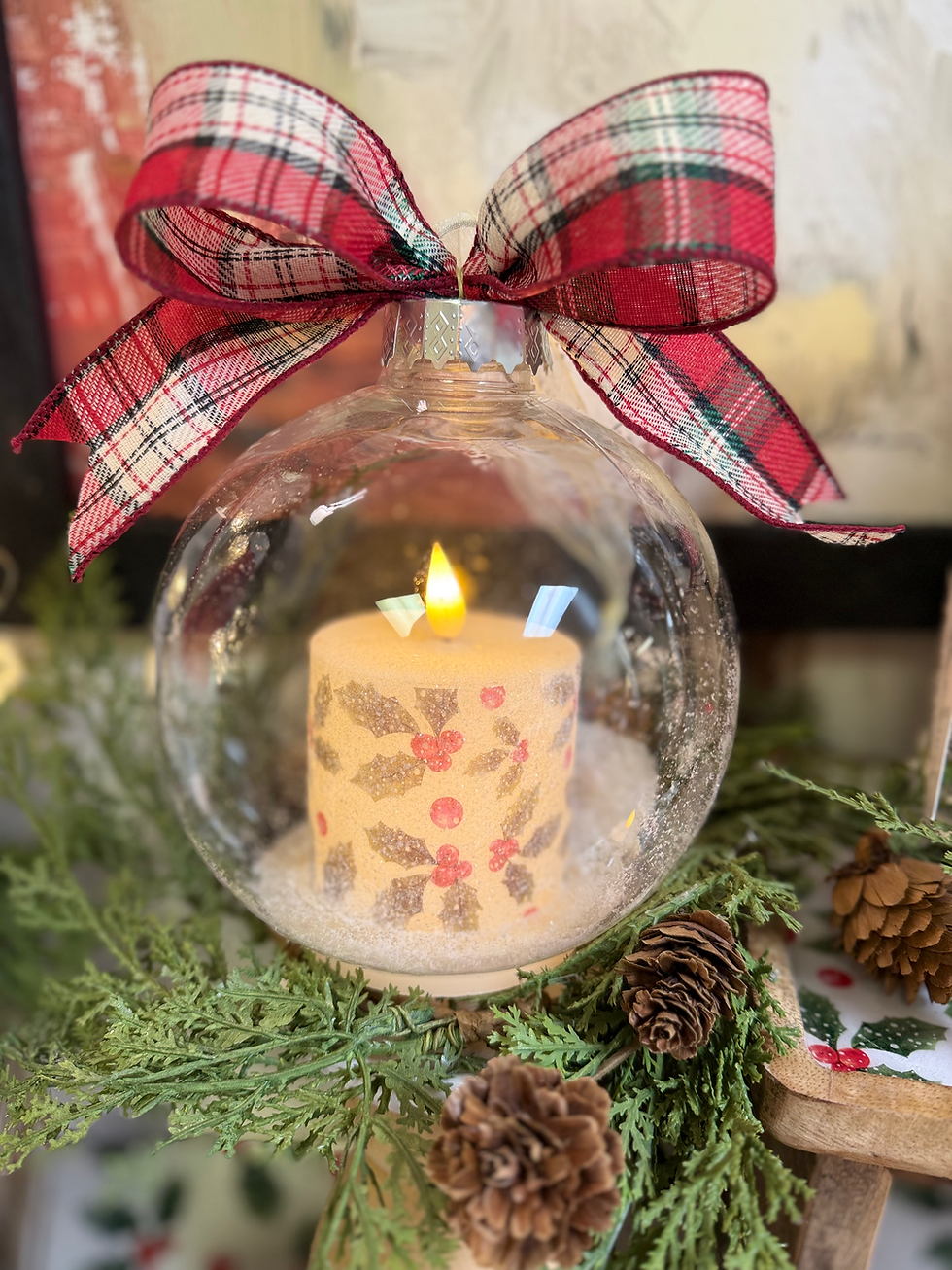 5.7" x 7.25" plastic globe ornament with a white timer candle inside, candle is wrapped in a holly print, 6 hr timer, 2 AAA