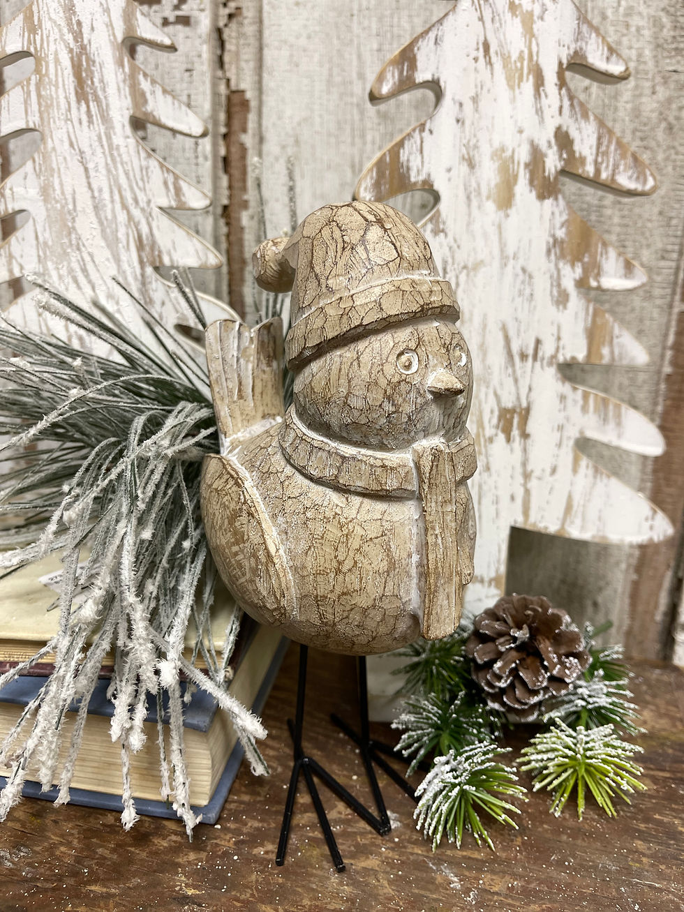 5”x3.25”x8” resin chickadee wearing scarf and sock hat, looks like carved wood. Long wire metal feet and legs