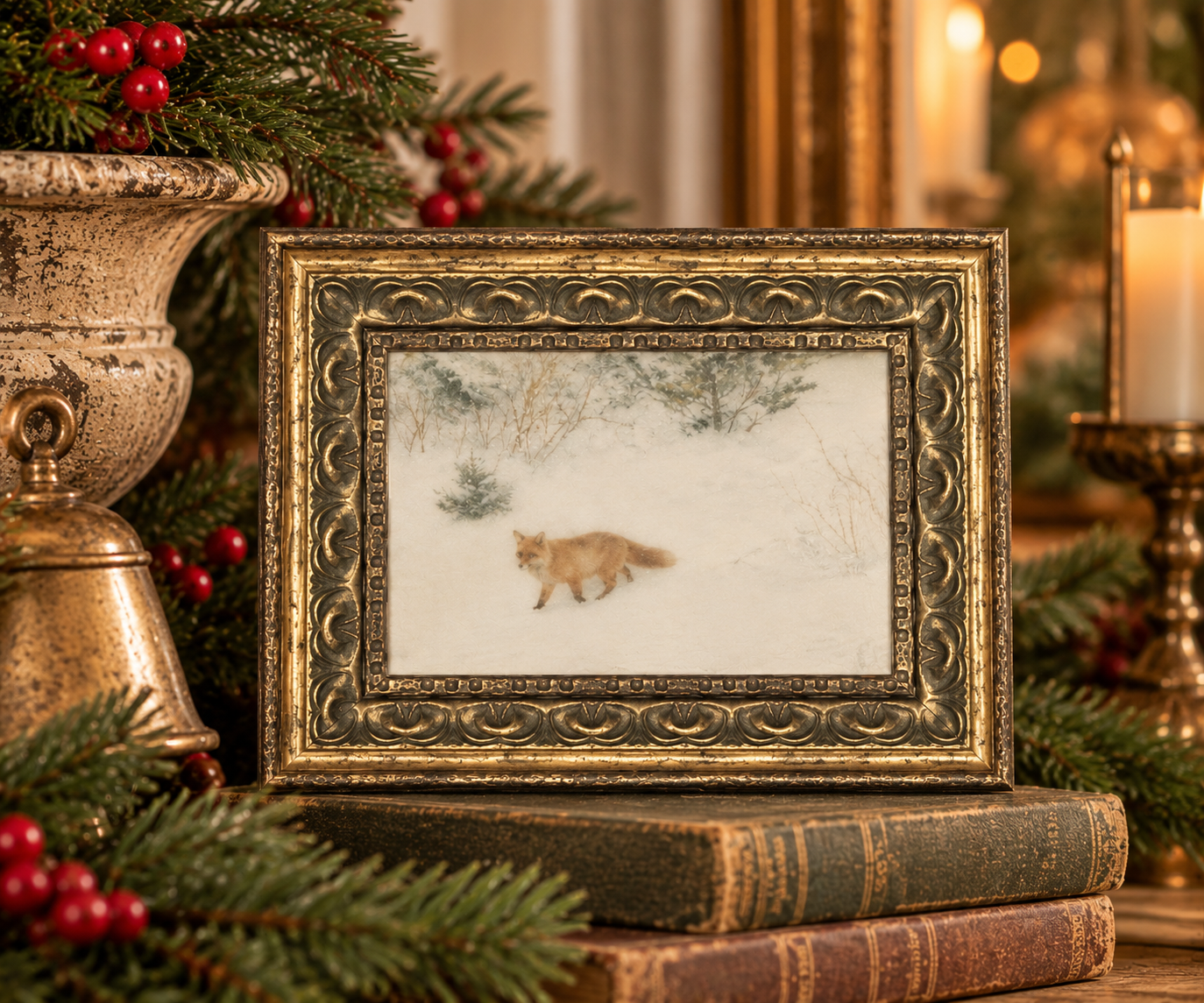5x7 winter fox framed canvas art featuring a fox in a snowy woodland scene