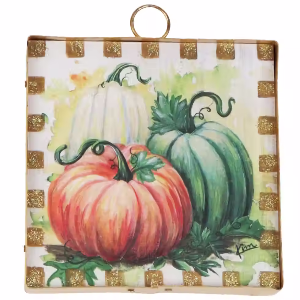 6" x 1" x 7" Round Top Collection print of 3 Pumpkins, gold metal frame, ring on top for hanging