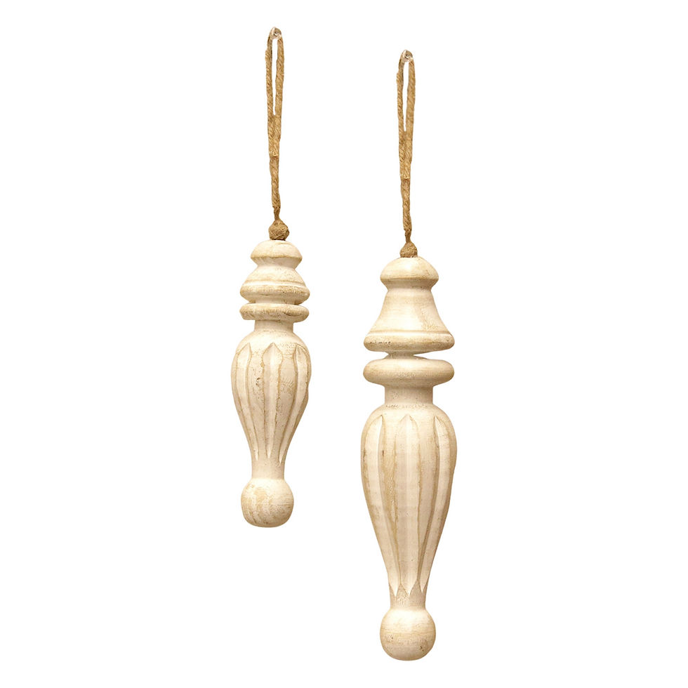 Thumbnail: 2.25 X 8.25 (LARGE) / 1.75 X 6 IN (SMALL) Set of 2 wood finials, whitewashed, jute rope loop on top