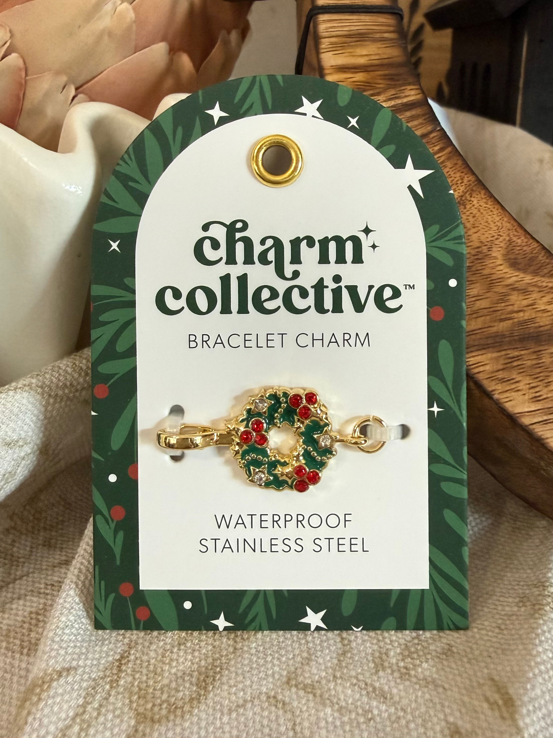 waterproof stainless steel bracelet charm of a Christmas wreath, use w/ the charm collective collection to build a bracelet