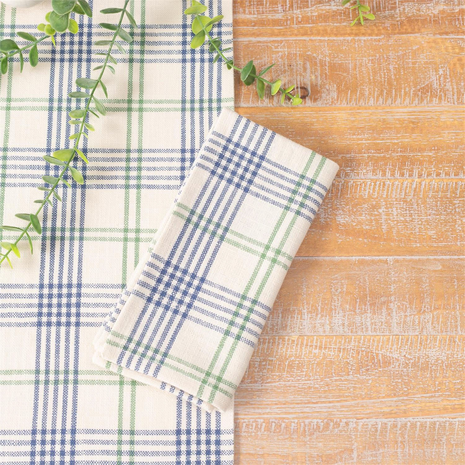 set of 4 cotton cloth napkins, 18" x 18", cream background, blue & green windowpane plaid design