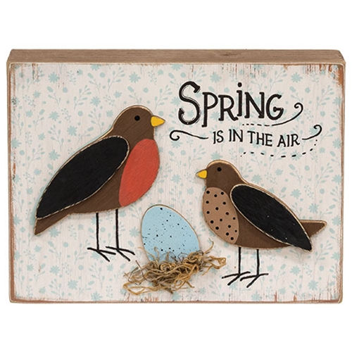 6"x8"x1.5" wood box sign, blue floral background, 2 birds, moss nest with blue egg, & "spring is in the air."