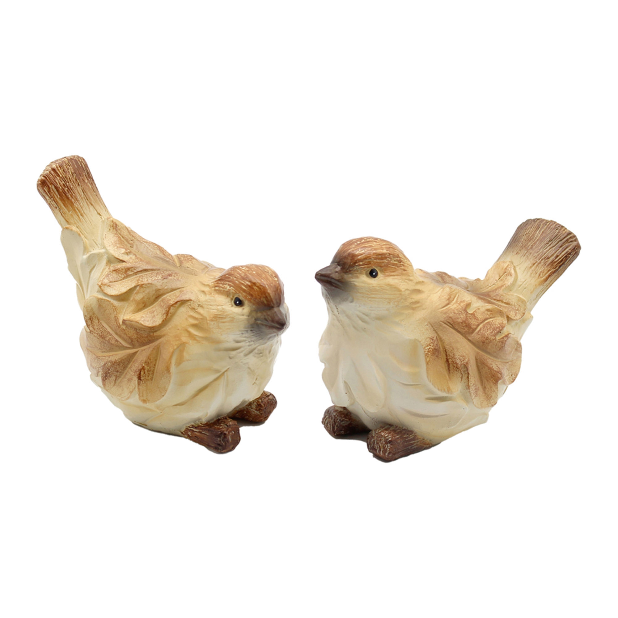 5" x 2.75" x 3.75" resin bird, cream & brown tones, leaf wings, 2 assorted poses, price is for ONE bird only