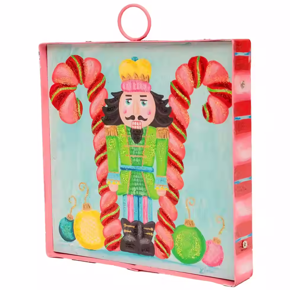 6" x 7" x 1" Round Top Collection print of a nutcracker & candy canes, corrugated metal frame, use alone or w/ Round Top base