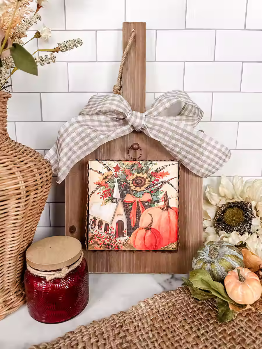 6" x 1" x 7" Round Top Collection print of fall florals, pumpkins & wood church sitter, corrugated metal frame, top ring