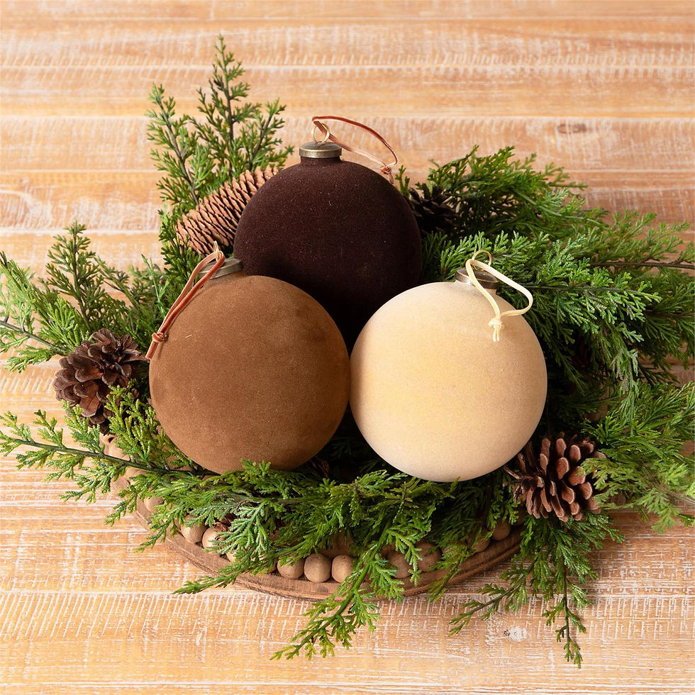 set of 3, 4.5" diameter flocked velvet ornament balls in caramel, beige, brown