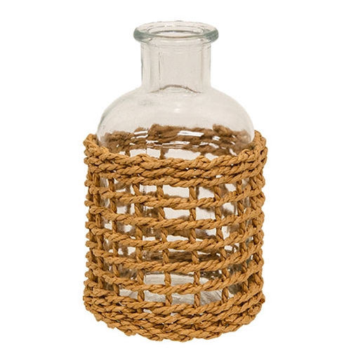 5” x 3” glass bottle with natural woven sleeve, use as vase or taper candle holder