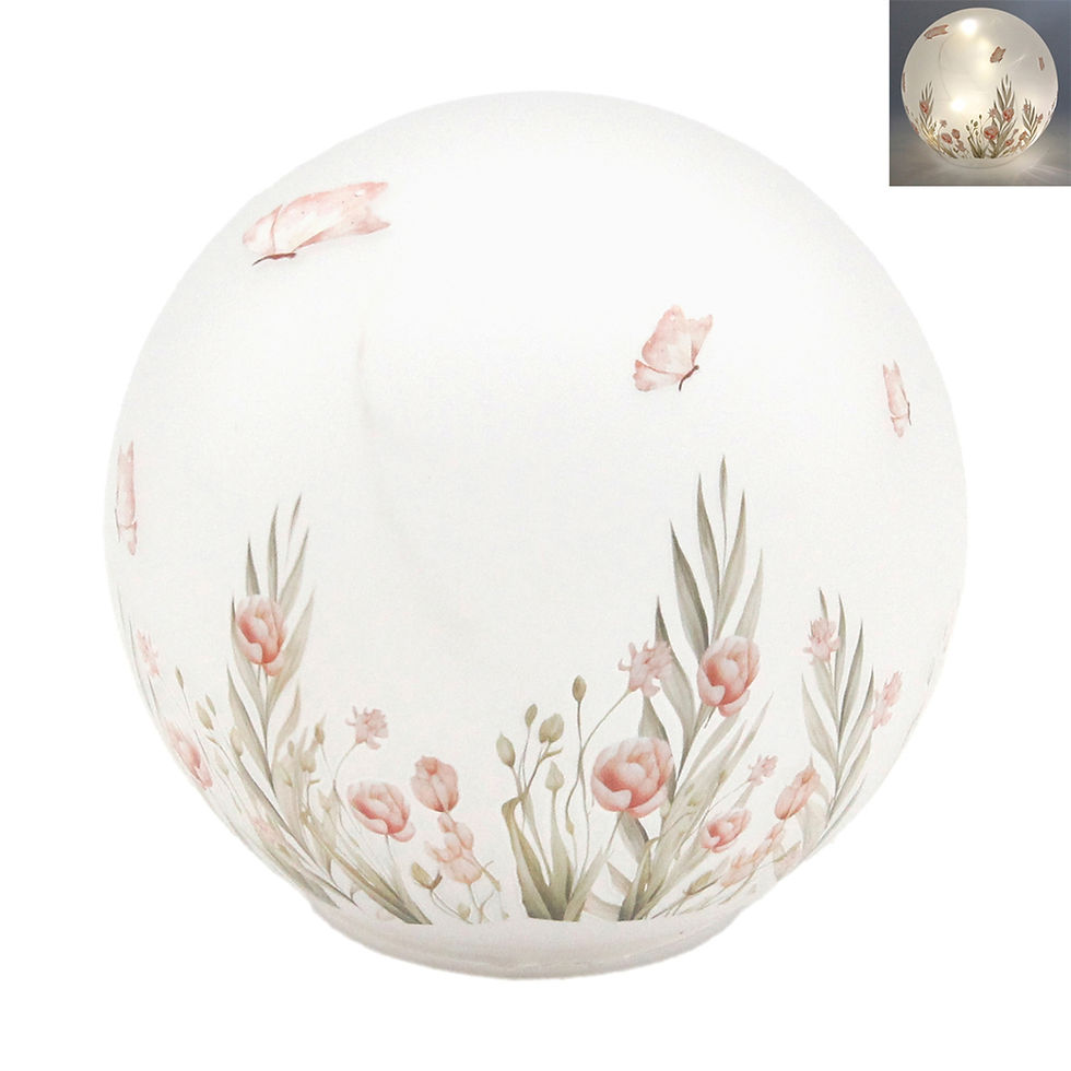 5.75" x 5.75" x 5.5" glass globe w/ lights inside, frosted white w/ pink flowers & butterflies, 6 hr timer, 3 AA batteries